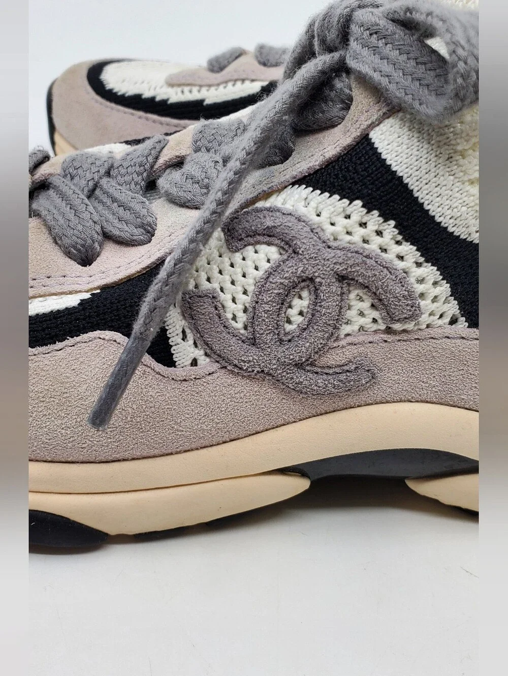Chanel CC Low Top Suede And Knit Mesh Sneakers